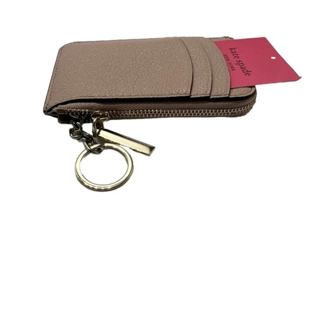 Kate Spade New York Pebbled Leather Zip Card Holder Key‎ Ring Taupe Mauve 11-11